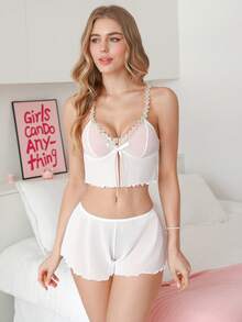 PetitDoll 2pcs/Set Women's Lingerie Set With Flower Water-Soluble Embroidery Decoration And Sheer Mesh - White - View 3