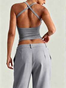 INAWLY Setelan 2 Potong Wanita Kasual Nyaman: Atasan Tanpa Lengan dan Celana Panjang - Light Grey - View 2