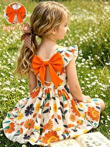 SHEIN Elladie kids 女童（小号）春夏新款休闲时尚连衣裙，彩色花卉数码印花图案，圆领无袖荷叶袖，露背蝴蝶结装饰，腰部褶皱荷叶边下摆，适合年轻女孩穿着，可爱、舒适、优雅，适合日常、上学、外出、聚会、度假等场合。 - 彩色 - 查看 11