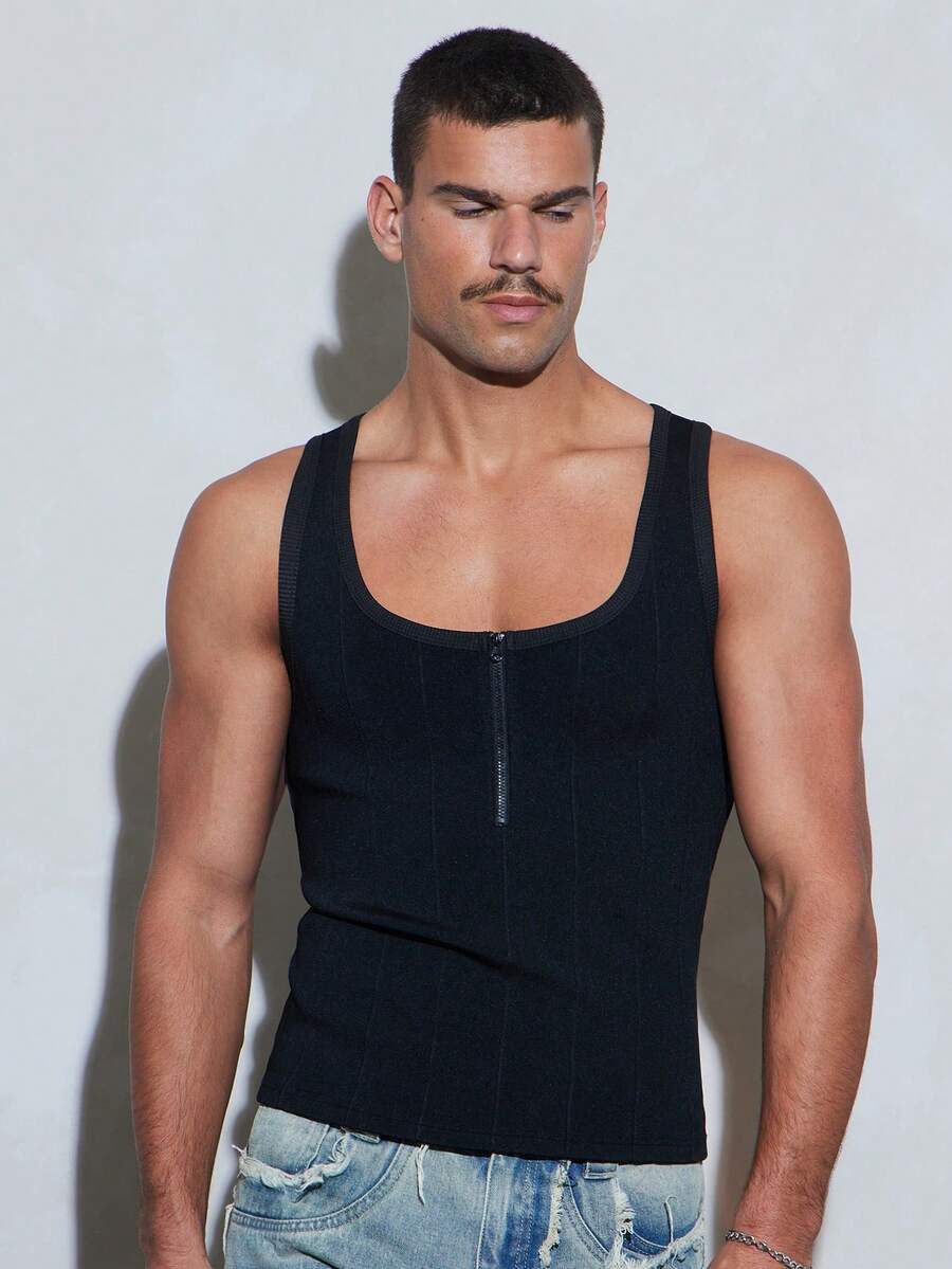 FeverCity Men's Summer Casual Versatile Solid Color Tank Top - Black - View 1