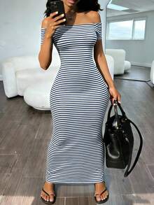 INAWLY Solva Women's Striped Off-Shoulder Short Sleeve Fitted Elegant Dress - Navy Blue - View 3