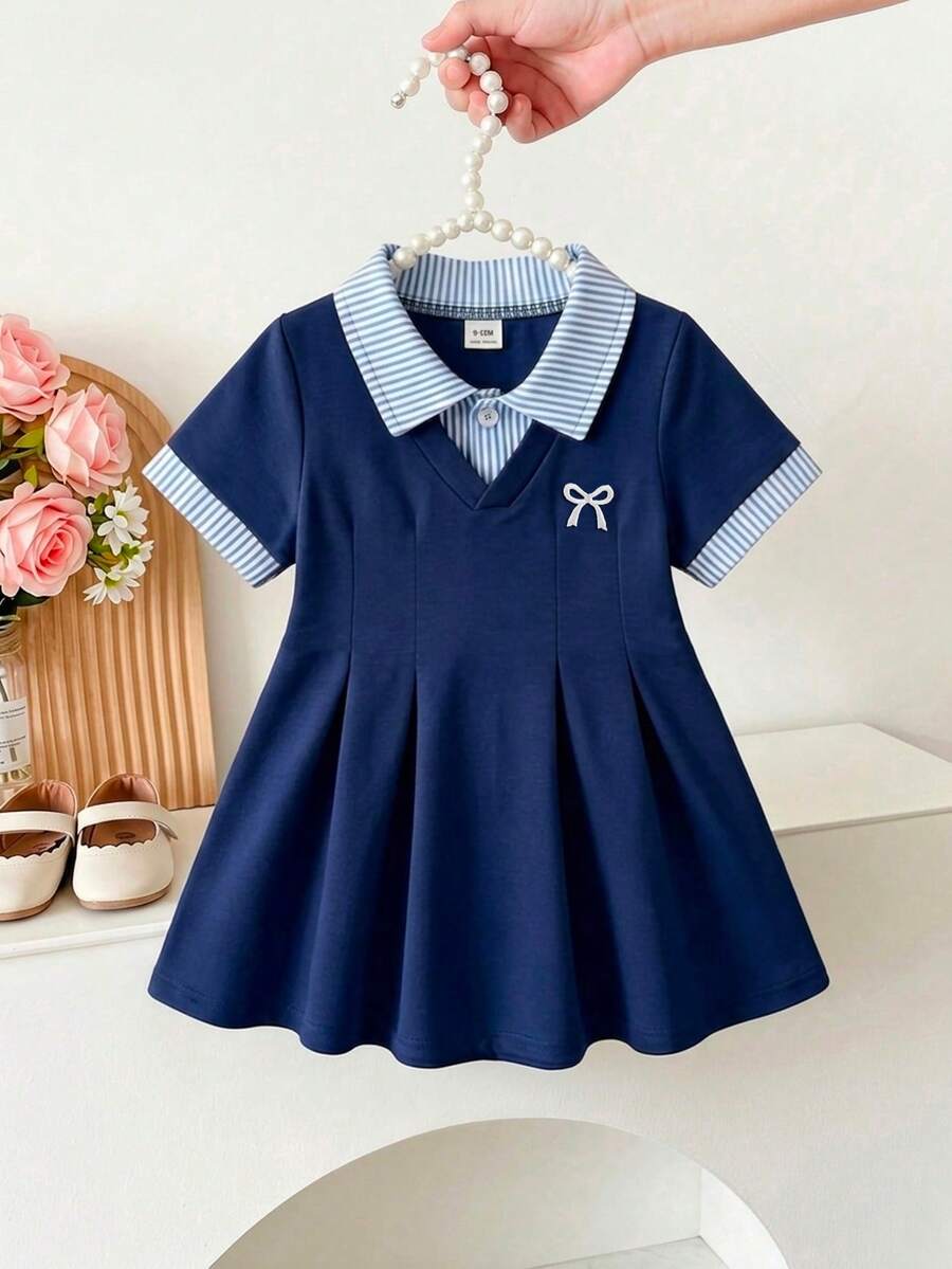 SHEIN 女嬰白色休閒洋裝,單件,羅紋領口,羅紋袖口,適合休閒、外出、運動、派對 - 藍色 - 查看 1