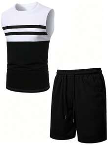 Manfinity Homme Men's Summer Striped Colorblock Tank Top And Drawstring Waist Pocket Shorts Set - Multicolor - View 3