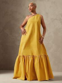 Vixey Solid Woven One Shoulder Tiered Hem Maxi Dress With Pockets, Resort Wear, Beach To Dinner, Resort Chic, Vacation Ready, Cruise Outfit, Vacation Outfit - Yellow - View 3