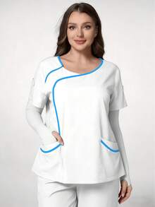 TaskEZ White Plus Size Women's Fashion V-Neck Short Sleeve Contrast Color Patchwork Decor Blue Trim Uniform, Double Pocket Nurse Scrub Top, Summer Work Uniform - Multicolor - View 1