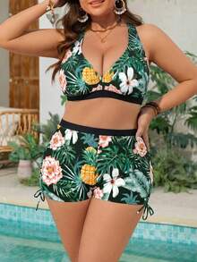 Swim Lushoire 大码女式 3 件套印花比基尼套装，宽松修身泳装 - 彩色 - 查看 3