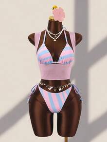 Zestiva Women's Summer Beach Vacation Halter Tie Beaded Decor Backless Sexy Bikini Swimsuit 3-Piece Set - Multicolor - View 1