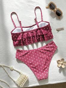 Swim Mod 花卉蕾絲可愛甜美復古休閒度假海灘海邊女款泳衣套裝 - 紅色 - 查看 2