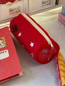 1PC/Cute Red Apple Pencil Case With Embroidered Stars & Heart Design, Large Capacity Stationery Organizer For Students, Kawaii Style School Supplies Storage, Durable Fabric With Smooth Zipper For Daily Use. - Multicolor - View 8