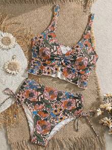 Swim Vcay Atasan Bikini Camisole Seksi Berenda Motif Bunga Tropis untuk Liburan Pantai Musim Panas Wanita - MultiWarna - View 3