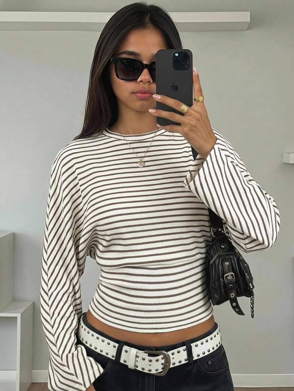 SHEIN Teen Girl Teen Girls Round Neck Striped Casual Loose Long Sleeve T-Shirts