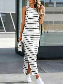 Silhoulove Vestido de tirantes con rayas gris claro y abertura lateral - Blanco - Ver 3