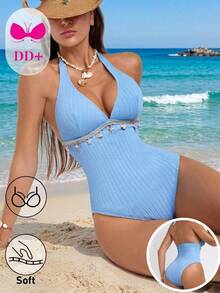 Voyashape Women's Solid Color Halter One-Piece Swimsuit, Suitable For Beach Vacation, Pool Party, Light Blue Summer Sexy Tropical - Blue - View 1
