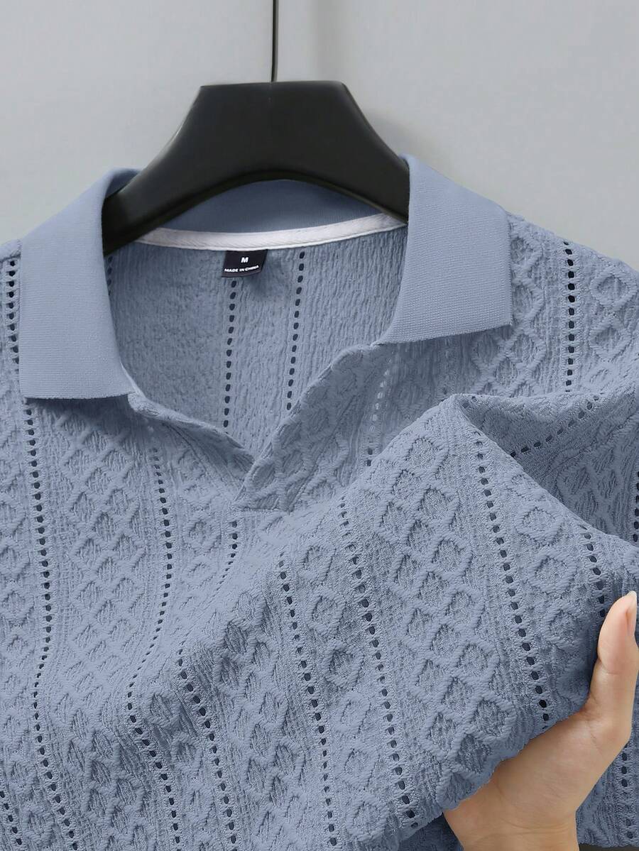 Manfinity Homme 男士短袖紋理布料 Polo 衫,適合外出、聚會與度假穿著 - 藍色 - 查看 1
