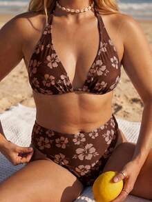 Swim Mod 大尺碼女款夏季海灘花卉印花掛脖繫帶性感熱帶比基尼三角褲兩件式泳衣套裝 - 彩色 - 查看 3