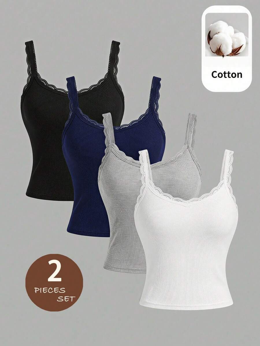 SHEIN Teen Girl Ribbed Knit Patchwork Lace Trim Camisole Tank Top 2pcs Set - Multicolor - View 1