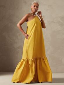 Vixey Solid Woven One Shoulder Tiered Hem Maxi Dress With Pockets, Resort Wear, Beach To Dinner, Resort Chic, Vacation Ready, Cruise Outfit, Vacation Outfit - Yellow - View 5