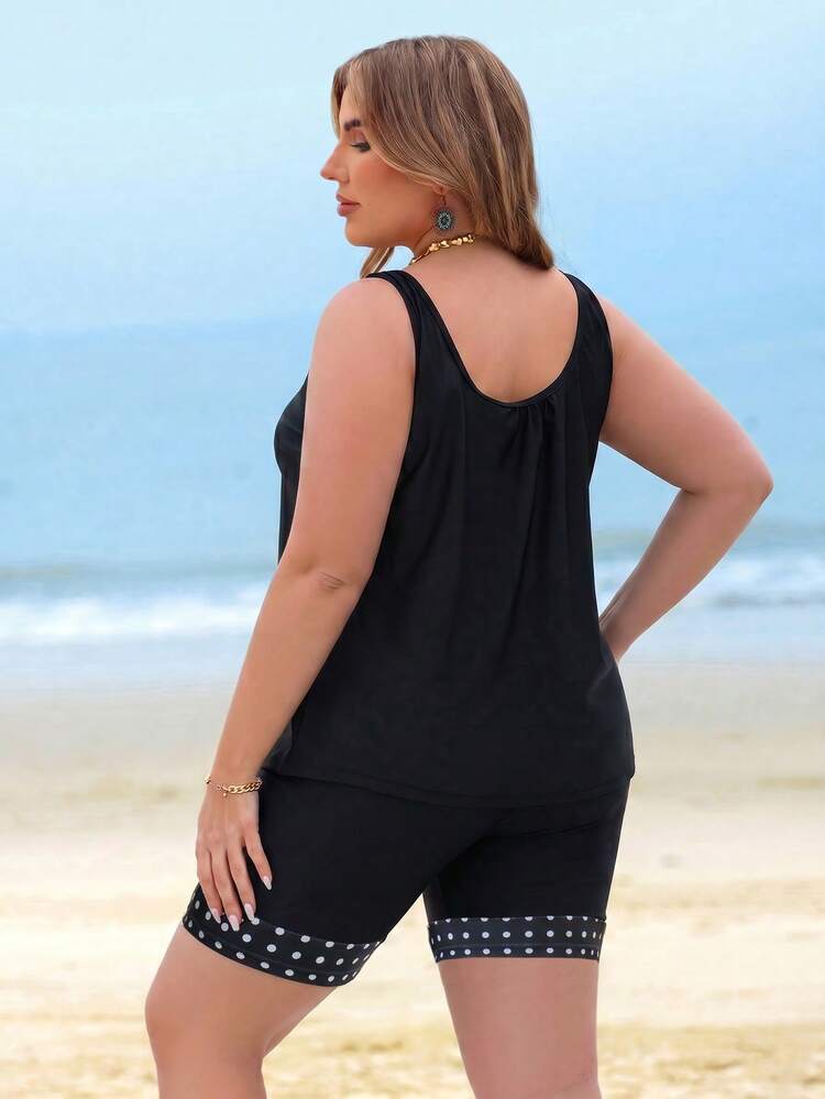 Swim Lushoire Women's Pleated Vacation Rhinestone Design Tank Top And Fitted Shorts Swimsuit Set - Black - View 2
