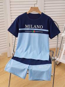 Conjunto de camiseta de manga corta con cuello redondo y estampado de letras de color contrastante, y pantalones cortos para niño preadolescente - Multicolor - Ver 4