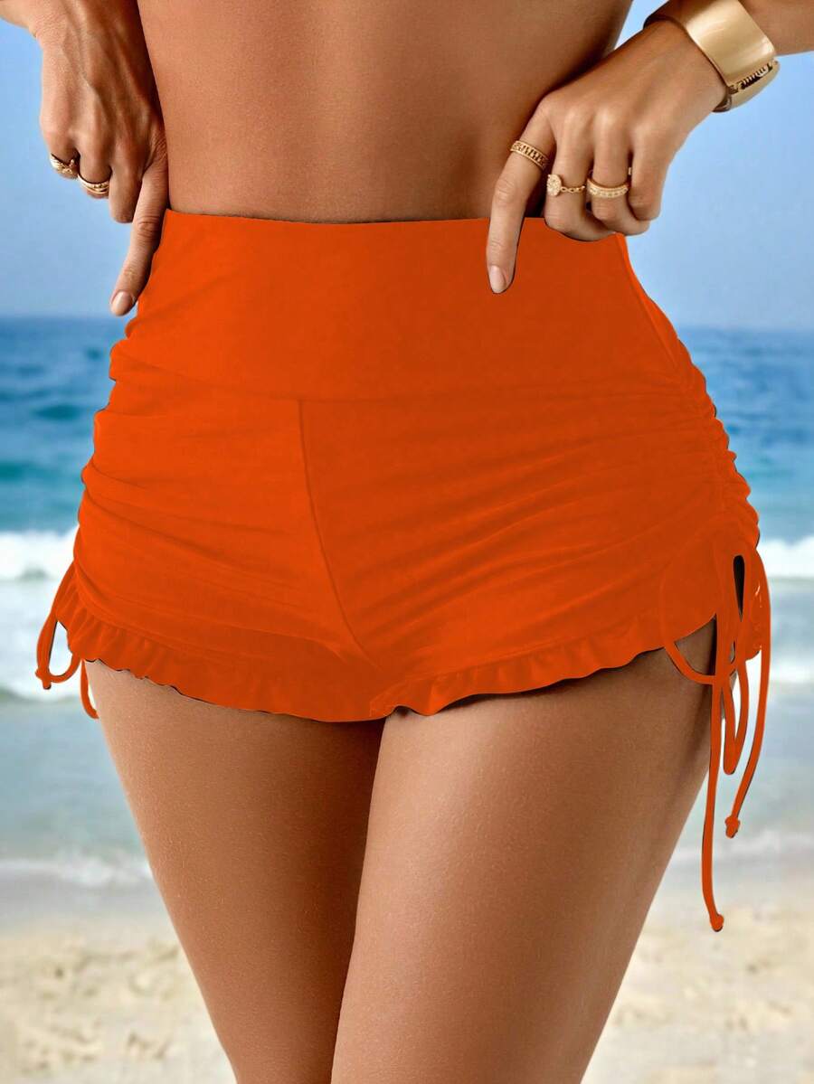 Swim Lushoire 女款夏季海灘休閒度假側抽繩荷葉邊黑色泳褲下身 - 橘色 - 查看 1