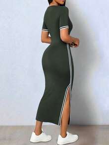 Elenzga Elegant Casual Fashion Dark Green Contrast Color Elastic Knit Fitted Single Hem Slit V-Neck Short Sleeve Dress For Women Occasion Summer - Dark Grey - View 2
