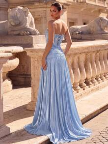 Glamrae Elegant Luxury Mesh Embroidered Off-Shoulder Organza Handmade Pleated Boning Slit Bodycon Floor-Length Evening Gown For Wedding Party Formal Occasion - Blue - View 4