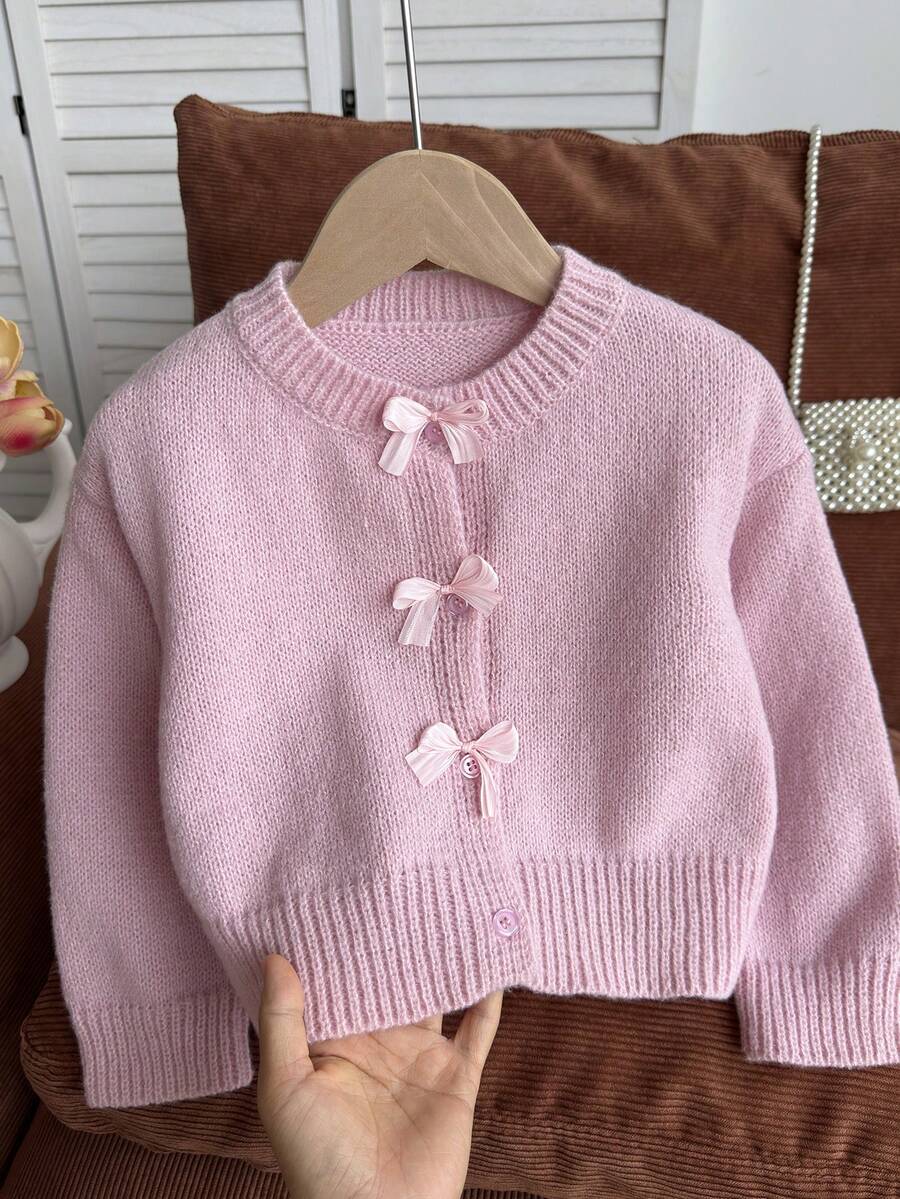 SHEIN Mädchen Herbst/Winter Mode handgefertigte Schleife gestrickter Pullover Langarm Strickjacke - Pink - Übersicht 1