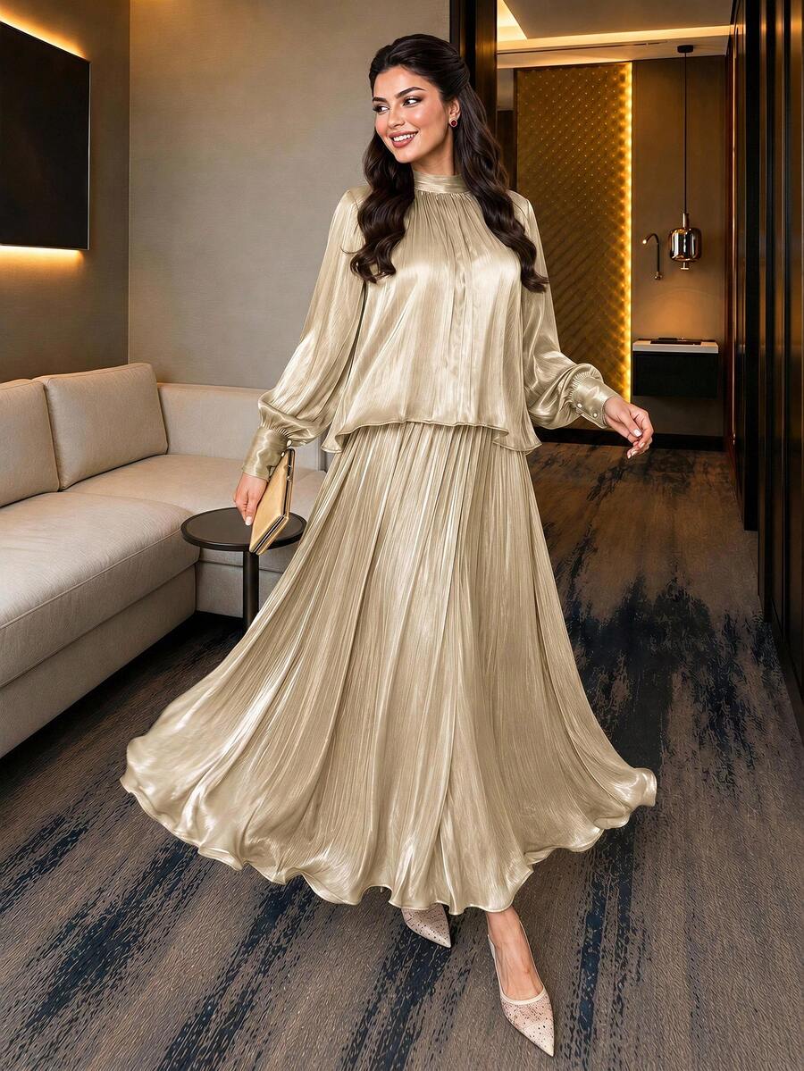 Auveirra Elegant Modest Women's 2-Piece Set Champagne Formal Autumn Chiffon Tie-Neck Loose Long Sleeve Top & A-Line Skirt Plus Size Commuting Sets - Apricot - View 1