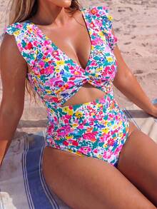 Swim Lushoire Costume da bagno intero con stampa floreale all-over per taglie forti, adatto per le vacanze estive - Multicolore - Visualizzare 3