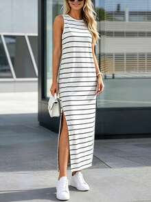 Silhoulove Vestido de tirantes con rayas gris claro y abertura lateral - Blanco - Ver 5