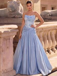 Glamrae Elegant Luxury Mesh Embroidered Off-Shoulder Organza Handmade Pleated Boning Slit Bodycon Floor-Length Evening Gown For Wedding Party Formal Occasion - Blue - View 3