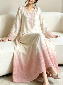 SHEIN Najma 碎花V领长袖连衣裙，优雅渐变碎花连衣裙，春夏时尚 - 彩色 - 查看 4