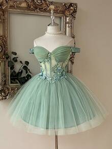 Lovelzi Women's 3D Floral Decor Mesh Ball Gown Dress - Green - View 8