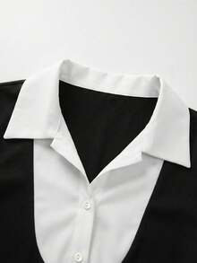 SHEIN Franclia 女士纯色拼接 Polo 领短袖 T 恤，通勤休闲短袖衬衫领纽扣上衣，2026 春夏新款上衣 - 彩色 - 查看 7