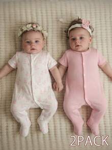 2pcs Newborn Simplistic Stylish White & Pink Cute Rabbit Print Short Sleeve Long Jumpsuit Romper For Home Wear - Multicolor - View 8