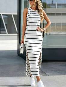 Silhoulove Vestido de tirantes con rayas gris claro y abertura lateral - Blanco - Ver 6