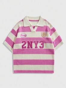 ROMWE MEN Plus Size Men's Digital Embroidered Striped Short Sleeve Hollow Knit Top - Hot Pink - View 1