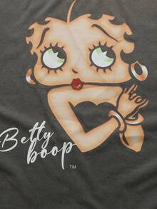 ROMWE MEN Betty Boop | ROMWE Men's Collaboration Washed Print Loose Fit T-Shirt, Spring/Summer - Grey - View 2