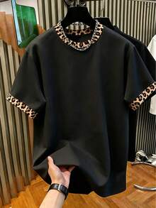 Manfinity Dauomo 男士夏季新款休闲宽松撞色领短袖T恤，黑色豹纹印花设计，适合户外、摄影、街头风、约会等场合。 - 彩色 - 查看 5