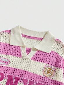 ROMWE MEN Plus Size Men's Digital Embroidered Striped Short Sleeve Hollow Knit Top - Hot Pink - View 4