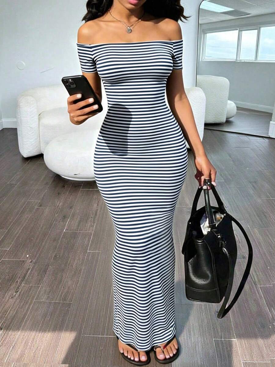 INAWLY Solva Women's Striped Off-Shoulder Short Sleeve Fitted Elegant Dress - Navy Blue - View 1