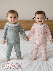 SHEIN Vintaside Kids 2pcs Baby Girls Elegant Pink Floral Outfit Set,Cute Floral Allover Print Ruffle Hem Long Sleeve Top And Long Pants,Autumn Night Pajama Sets - Multicolor - View 6