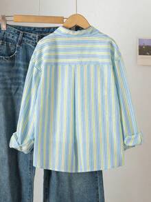 SHEIN 青少年女孩休閒簡約米色與白色細條紋長袖鈕扣襯衫 春秋款 - 彩色 - 查看 2