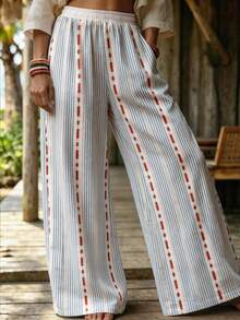 Zayélia Women's Casual Boho Loose Fit Drawstring Hem Wide Leg Pants, Versatile For Autumn Outings Beach Blue White Striped - Blue - View 1