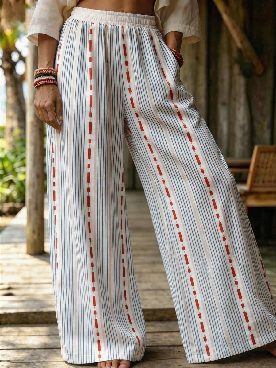 Zayélia Women's Casual Boho Loose Fit Drawstring Hem Wide Leg Pants, Versatile For Autumn Outings Beach Blue White Striped - Blue - View 1