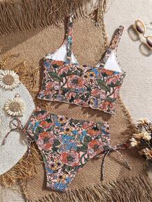 Swim Vcay Atasan Bikini Camisole Seksi Berenda Motif Bunga Tropis untuk Liburan Pantai Musim Panas Wanita - MultiWarna - View 2