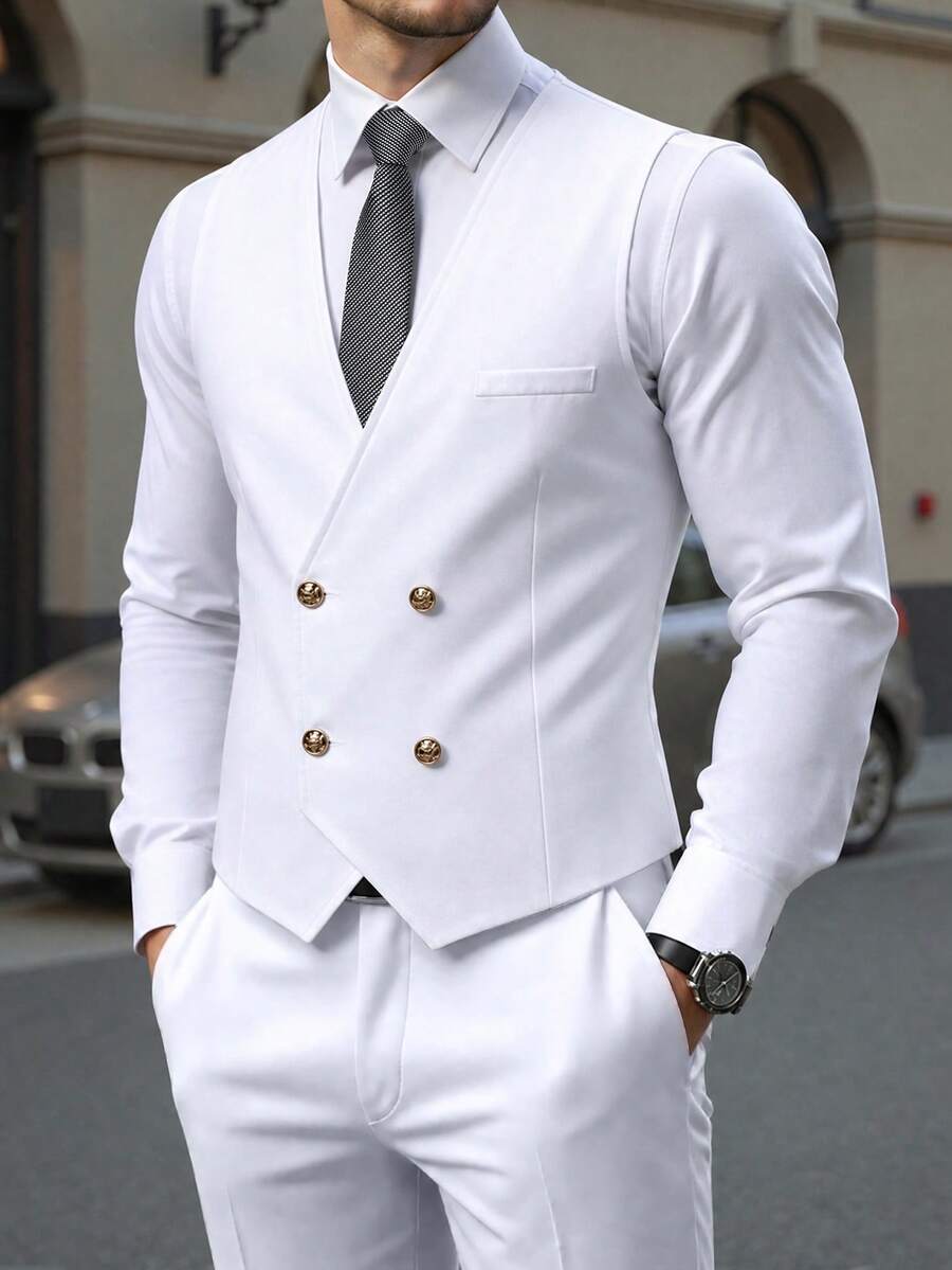 Manfinity Mode Fashion Men's Double-Breasted Vest & Trousers Suit Set - White - View 1
