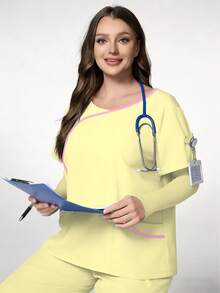 TaskEZ Light Apricot Plus Size Women's Fashion V-Neck Short Sleeve Colorblock Patchwork Trim Uniform, Double Pocket Nurse Scrub Top, Summer Work Uniform - Multicolor - View 5