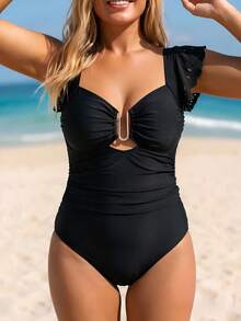 Swim Vcay 2026 Primavera/Verano Nuevo Bikini de Tira Talla Grande unicolor Traje de Baño Fruncido Minimalista Traje de Baño de Dos Piezas para Mujer - Negro - Ver 1