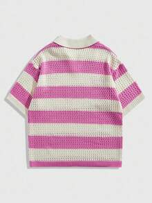 ROMWE MEN Plus Size Men's Digital Embroidered Striped Short Sleeve Hollow Knit Top - Hot Pink - View 3